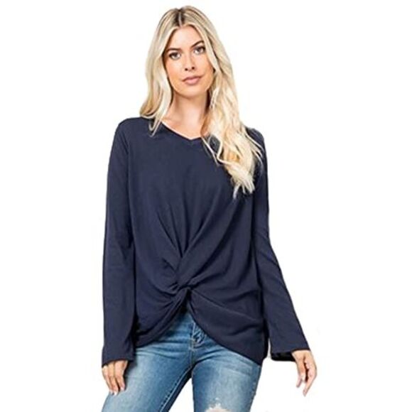 Navy Blue Womens Bell Sleeve V-Neck Twist Front Top Size Medium - Picture 2 of 3